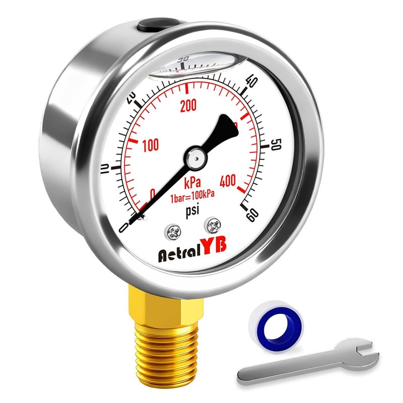 AetralYB مقياس ضغط مملوء بالجليسرين من 0-60 Psi، مقياس 2 بوصة، من الفولاذ المقاوم للصدأ، تركيب سفلي 1/4" NPT، مقياس ضغط 400kPa لمضخة المسبح، فلتر الرمل، ضاغط الهواء، وأنظمة مياه الآبار - Image 1